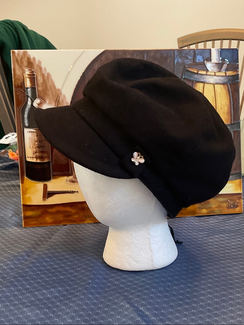Black Wool Newsboy Cap with Floral Accent